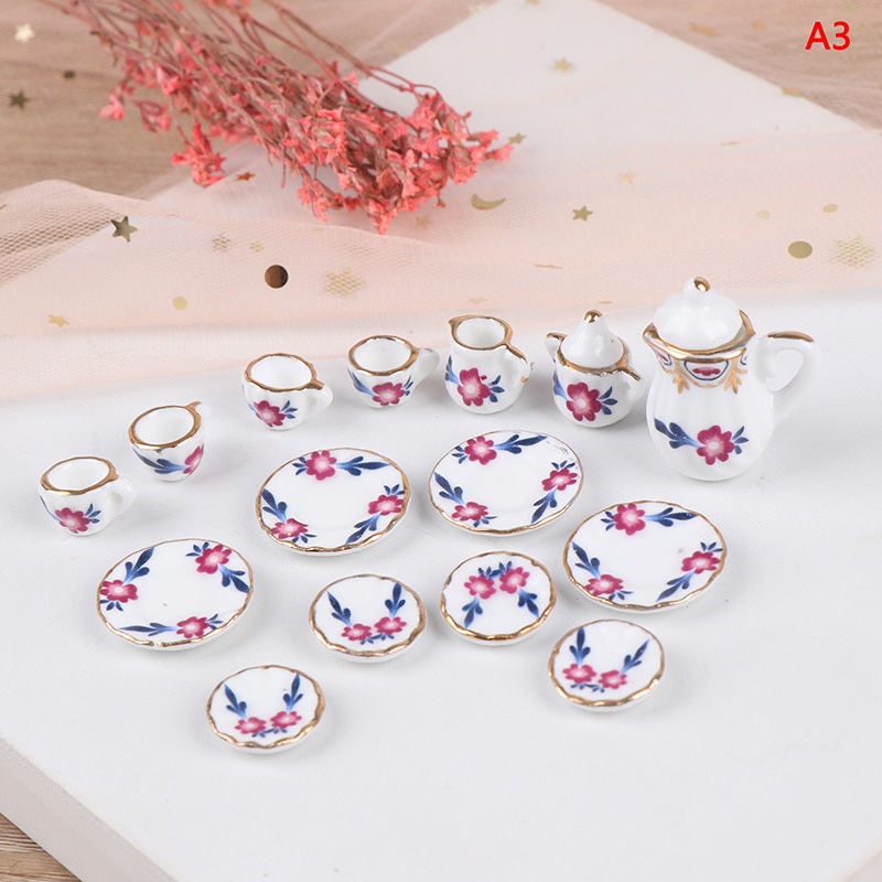 1:12 Miniature 15Pcs Porcelain Tea Cup Set Chintz Flower Tableware Kitchen Dollhouse Furniture Toys For Children