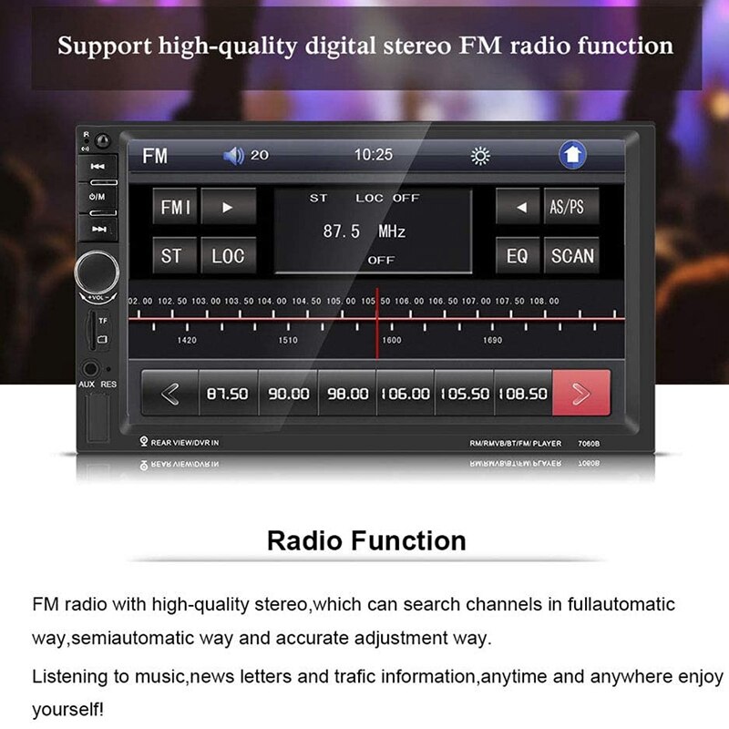 Car MP5, 7060B 7Inch HD TFT Screen Bluetooth Car MP5 Video Player FM Radio AUX USB Rear View Camera with Remote Control