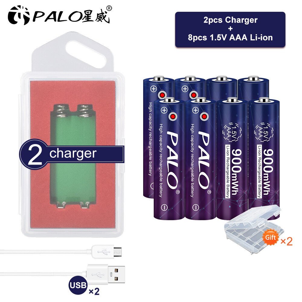PALO AAA Battery 900mWh 1.5V Lithium-ion AAA rechargeable battery for Remote Control Toy light Batery 1.5v aaa li-ion battery: 8AAA and 2charger