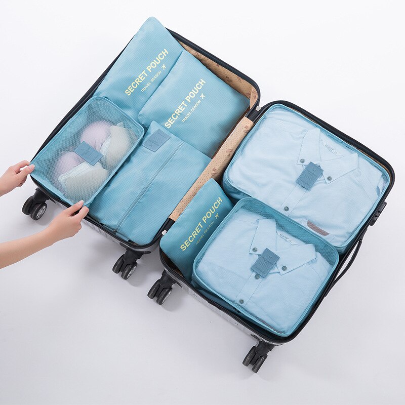 7pcs/set Luggage Organizer Bag Large Waterproof Polyester Packing Cubes Organiser For Clothing Storage Bags Travel Accessories: Blue