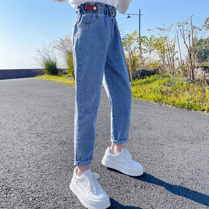 Bambini 2022 nuovo arrivo moda coreana Jeans Casual per ragazze vita elastica pantaloni in Denim tinta unita Jeans per bambini per adolescenti