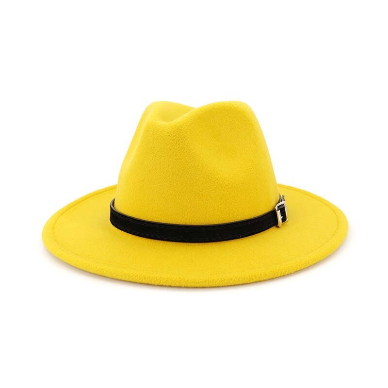 FS White Fedora Hat For Women Felt Hat With Belt Buckle Vintage Wool Wide Brim Jazz Cap Men Panama Hat 17 Colors: Yellow fedora