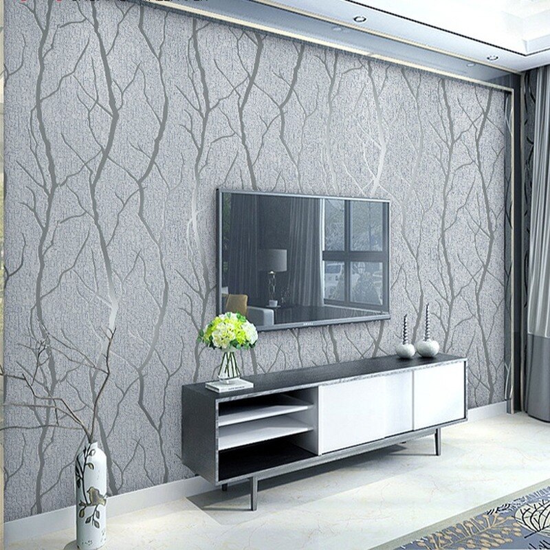 Épais gris velours 3D papier peint pour chambre murs salon fond floqué Branches d'arbre en relief papier peint décor à la maison