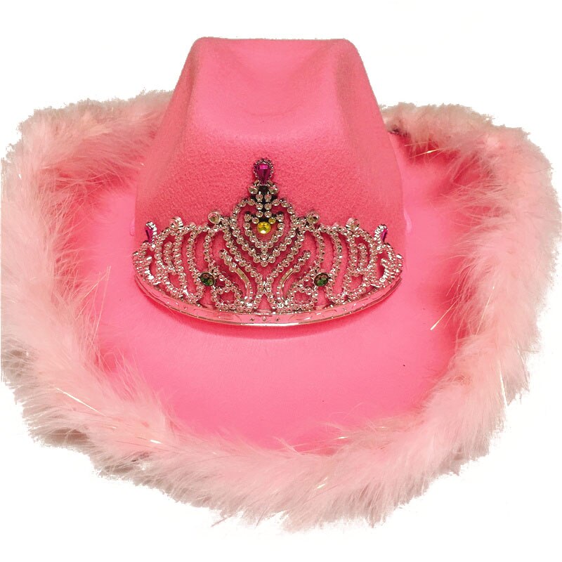 Western Style Tiara Pink Cowgirl Hat For Women Girl Tiara Cowgirl Hat Cowboy Cap Adult Funny Costume Party Hat: A - pink feather