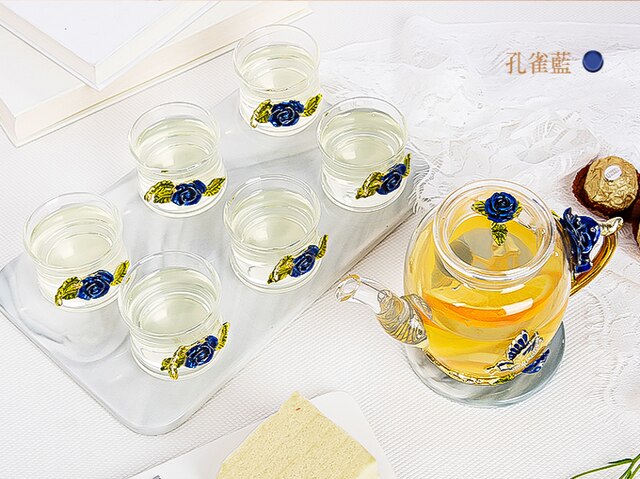 Glass Kung Fu Tea Set Teapot Seven-piece Set Tea Set Suit European Style Household Tea Set: blue--7-piece set