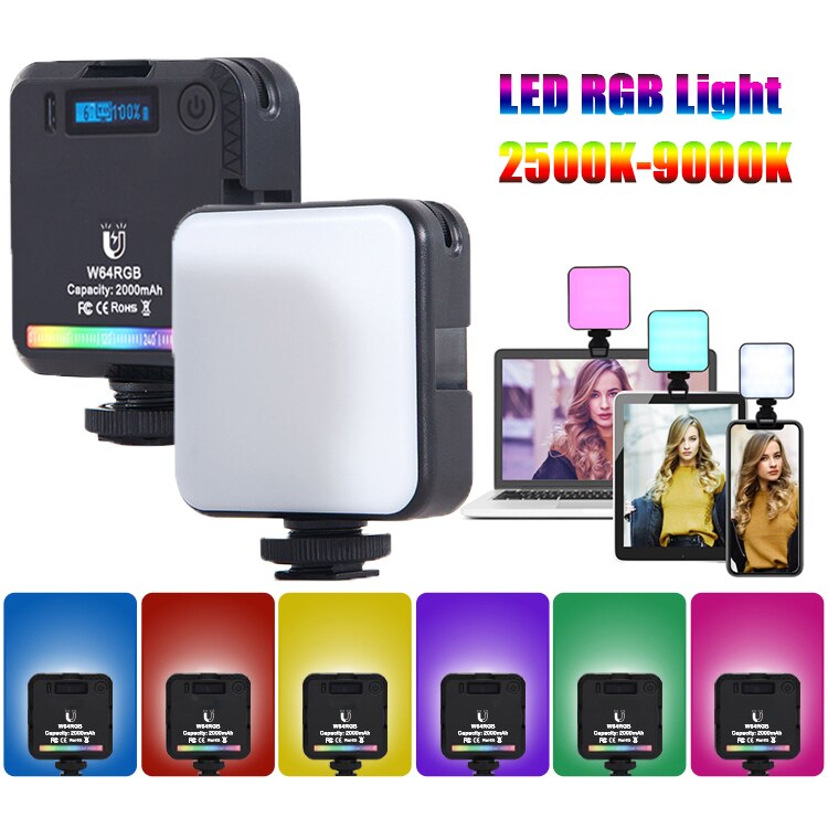 W64 Mini LED RGB Licht 2500K-9000K Dimmbare 20 Effekte LCD Anzeige 3 Kalten Schuh Halterungen Magnetische auf DSLR Kamera Tasche Video Licht