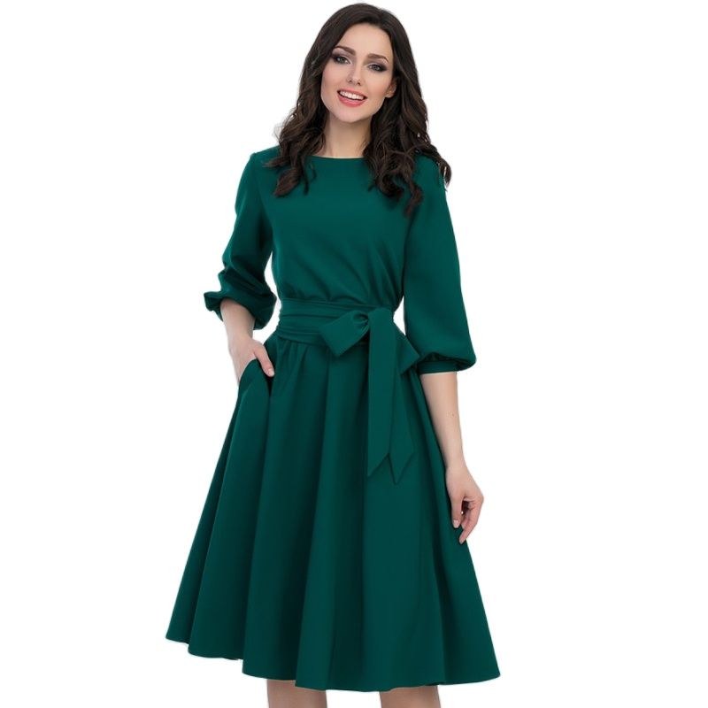 Robe trapèze Vintage pour femmes, lanterne de plage, demi manches, col rond, poches, longueur aux genoux, robes décontractées, automne 2022