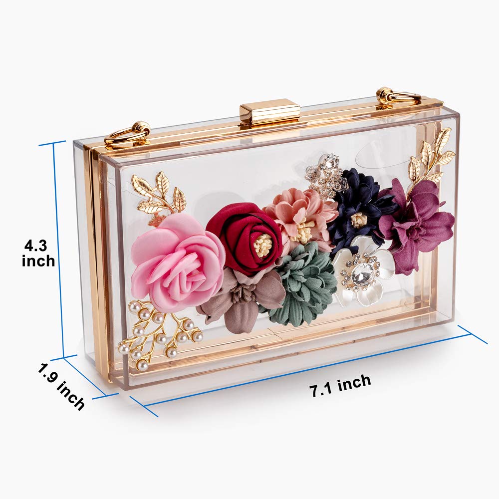 LJL-Women PVC+ fabric Flower Clutches Crossbody Floral Purse With Gold Chain Pearls Beaded Evening Bags For Wedding Prom Banq