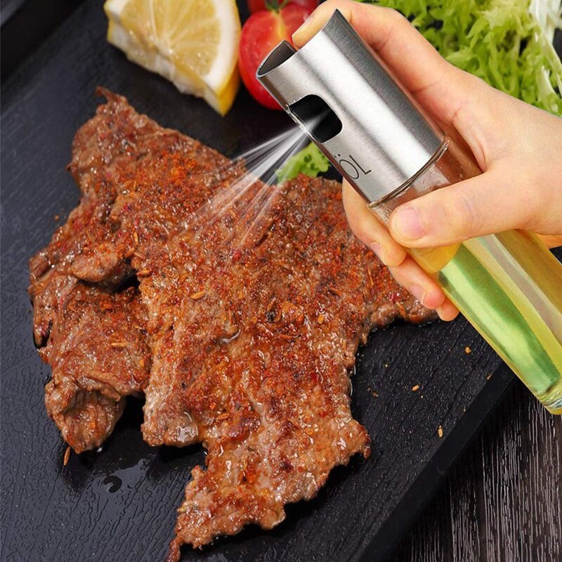 Olie sprøjte, rustfrit stål eddike sprøjte, spray med bærbar børste, grill olivenolie glasflaske 100 ml til køkken, madlavning