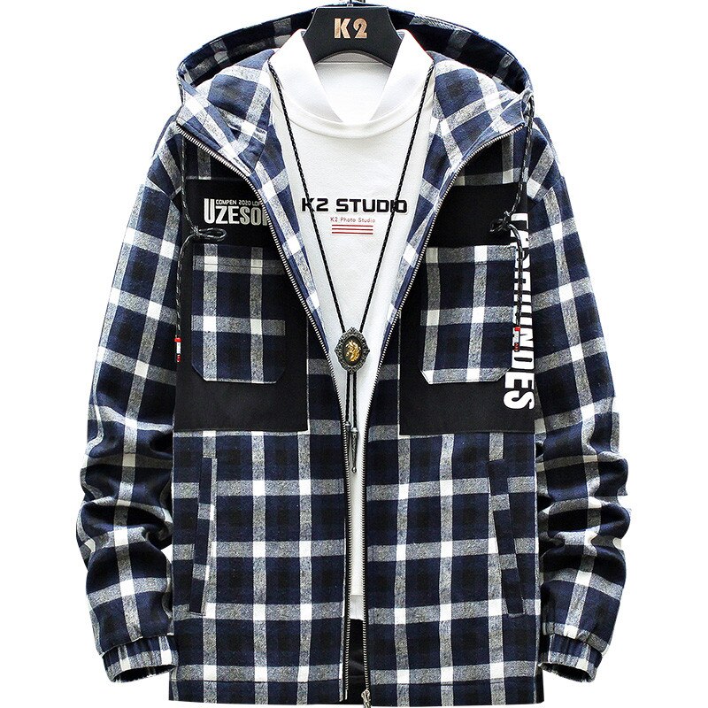 Riinr lente en herfst heren geruite ritsjas met capuchon, kort model, jeugd all-match, casual jas met tooling pocket, m -3xl