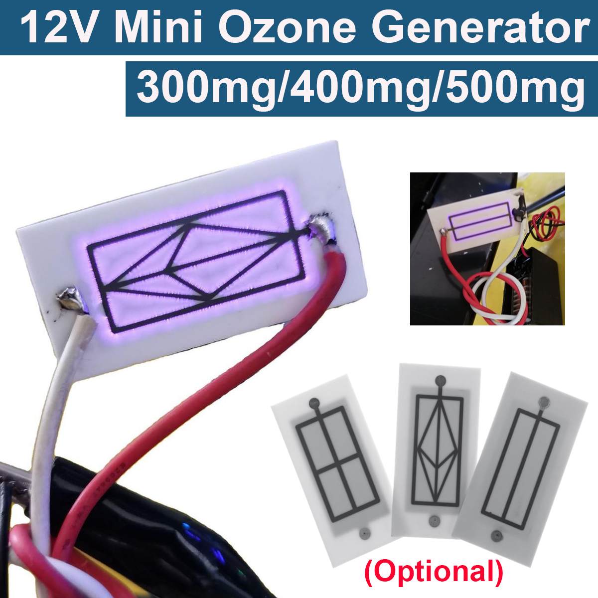 12V Portable Mini Ozone Generator 300/400/500mg Integrated Ceramic Plate Ozonizer Air Water Cleaner Air Purifier Accessories
