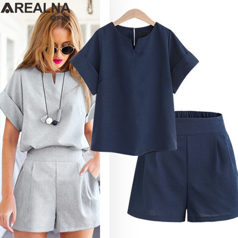 Women Summer Style Casual Cotton Linen Top Shirt Feminine Pure Color Female Office Suit Set Women's Costumes Short Sets