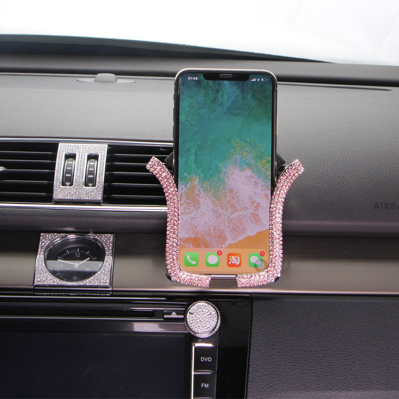 Soporte Universal para teléfono móvil de coche, con cristal de Bing, diamantes de imitación, Clip de montaje para rejilla de ventilación de coche, para iPhone, Samsung, soporte para coche: pink