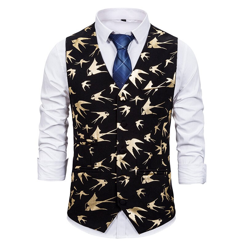 Heren zakelijk casual pak vest hipster zilveren vlieg vogel bronzen print vest heren feest bruiloft bruidegom smoking vesten mannen