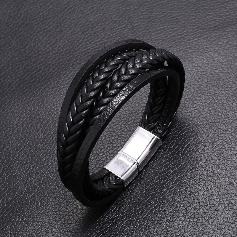 Bracelets multicouches en cuir tissé à la main pour hommes et femmes, bijoux tissés à la main, marron, noir, avec fermoir magnétique, décontracté,