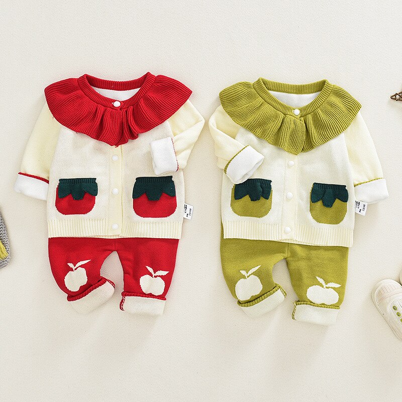 Toddler baby dreng pige sweater sæt tegneserie frugter mønster strikket 2 stk babys cardigan dragter bløde børn tøj spædbarn tøj
