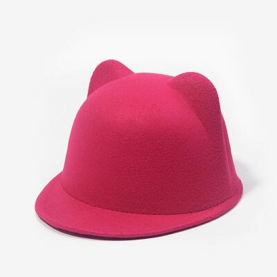 SUOGRY Mother daughter felt fedora hat child adult solid color cat ears short brim hat for women men equestrian knight caps: rose Red / Adult size