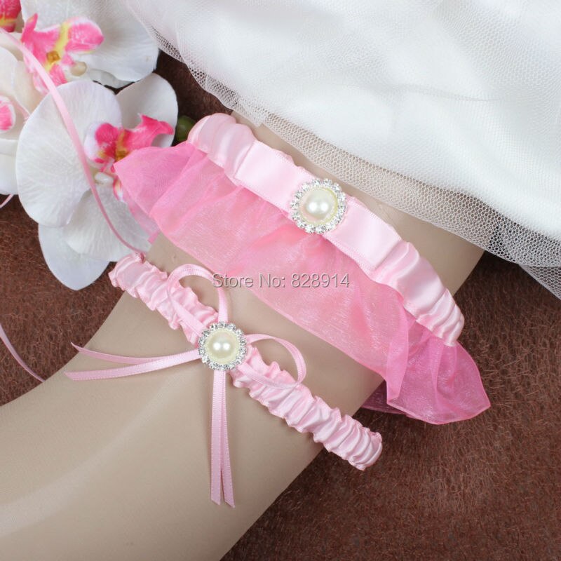 Pink Ribbon Wedding Garter including Keepsake Garter and toss Garter Handmade With Pearl and rhinestones