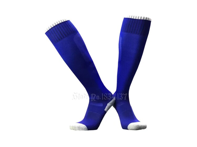 Calcetines de fútbol para hombre y mujer, medias deportivas baratas, transpirables hasta la rodilla, de algodón, para correr, blanco y rojo: Blue