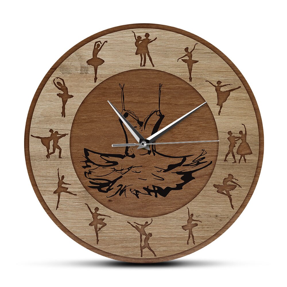 Ballet Time Ballerina Dancers Art Wood Texture Acrylic Printed Wall Clock Ballet TUTU Dress Girl Room Silent Hanging Wall Watch