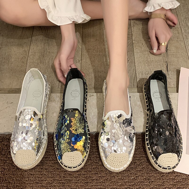 Zomer dames flats bling loafers kant instappers platte schoenen mesh espadrilles glitter dames bootschoen weven zapatos mujer 8043l