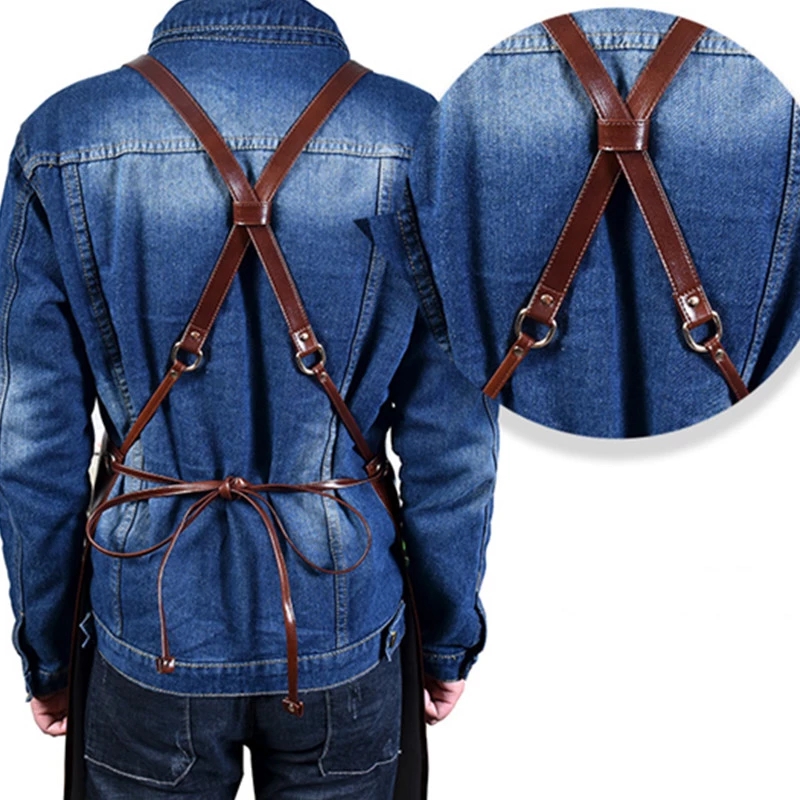 Vêtements de travail tablier en cuir PU, sangle croisée, Barista barman pâtissier Chef café bistrot BBQ Grill uniforme fleuriste barbier charpentier