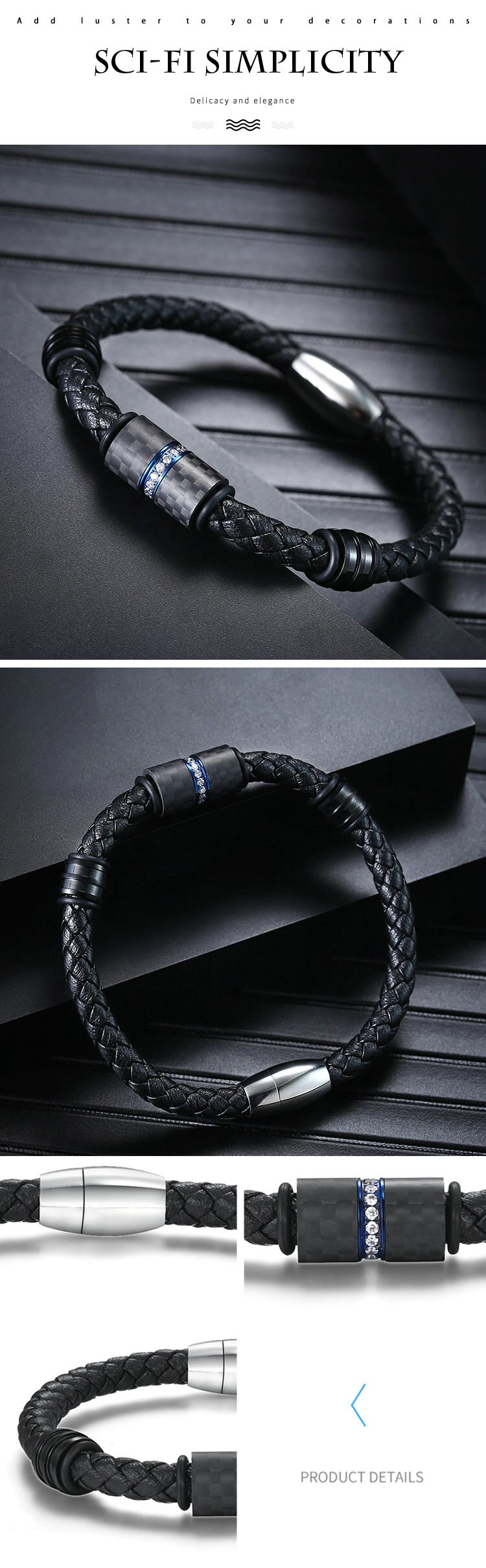 Mens Lederen Armband Carbon Fibre Diamond Bangle Rvs Sieraden