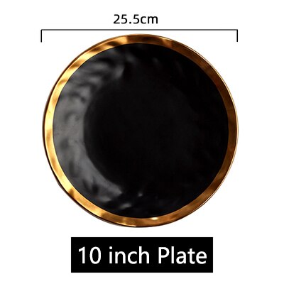 Assiettes à dîner en porcelaine mate à incrustation d'or, assiettes rondes de luxe pour mariage, fête décorative pour la maison, service de vaisselle: Black 10 inch