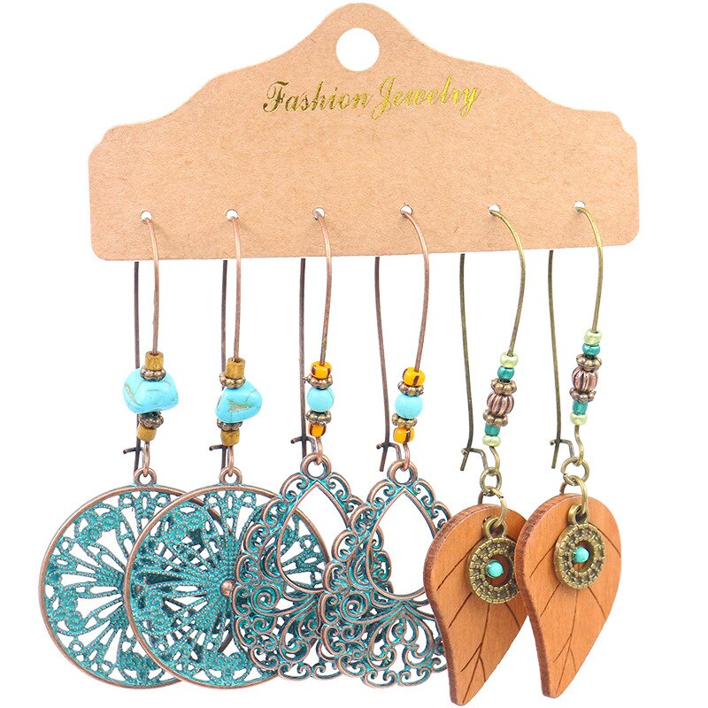 Boho Geometry Round Circle Alloy Earrings for Woman Indian Ethnic Leaf Long Hanging Earrings Set Jewelry Accessories: 20995-2