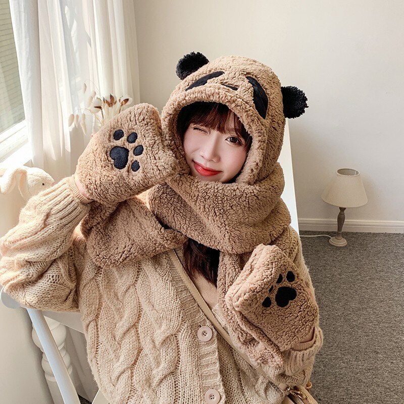 Sombrero de Panda de dibujos animados, conjunto de guantes y bufanda a prueba de viento, Invierno: Khaki