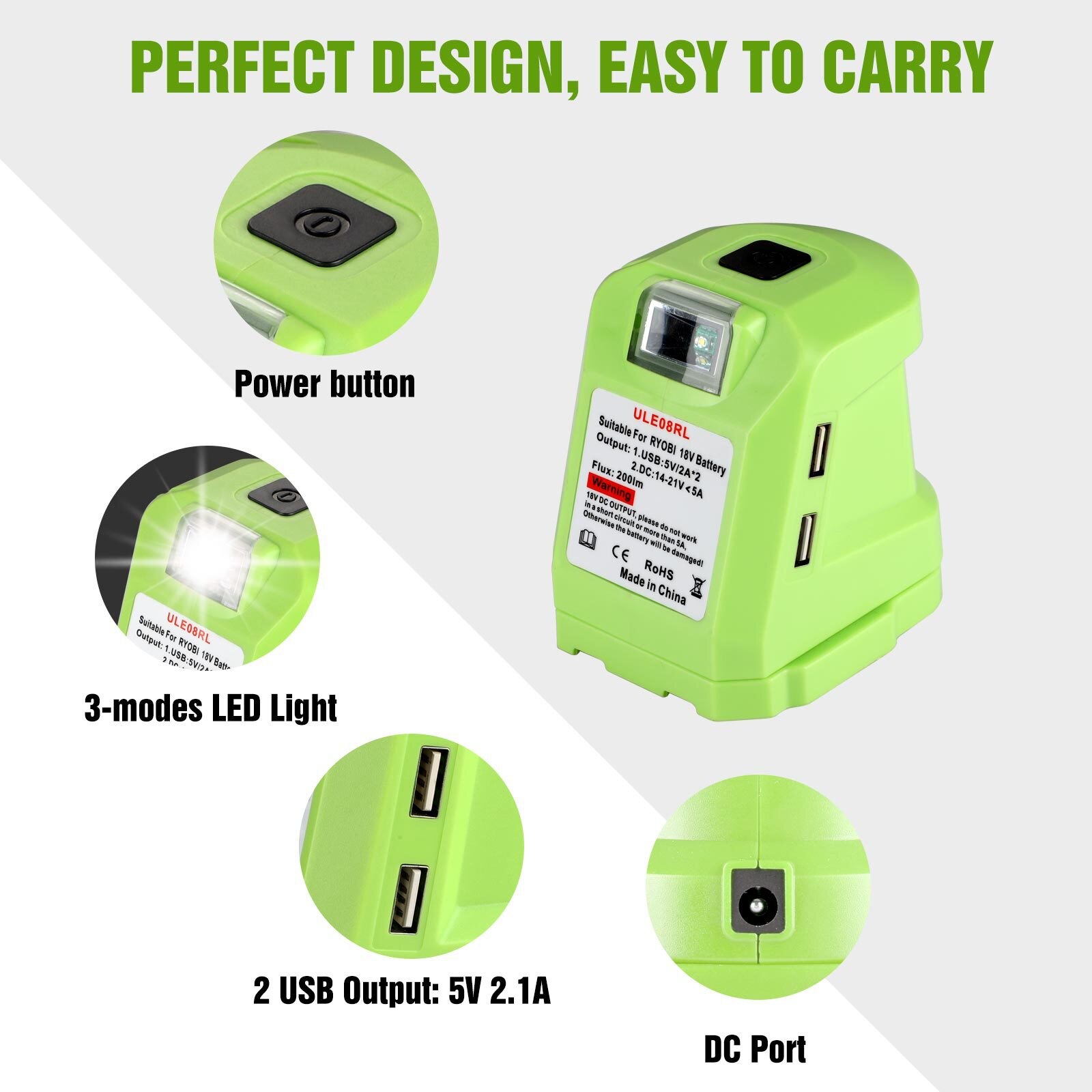 DC14.4-18V/5A DIY Battery Adapter For Ryobi One+ 18V Li-ion Battery P743 PSK005 PBP2003 P107 Dual USB LED Light Power Tools Part