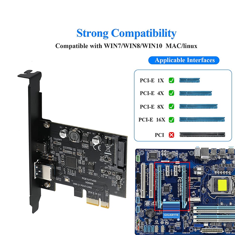 -PCIe to USB 3.2 Gen1 Card with 5 Gbit/S Bandwidth 2-Port (USB-A + USB-C) USB PCIE Card Supports for Windows 10/8/LINUX