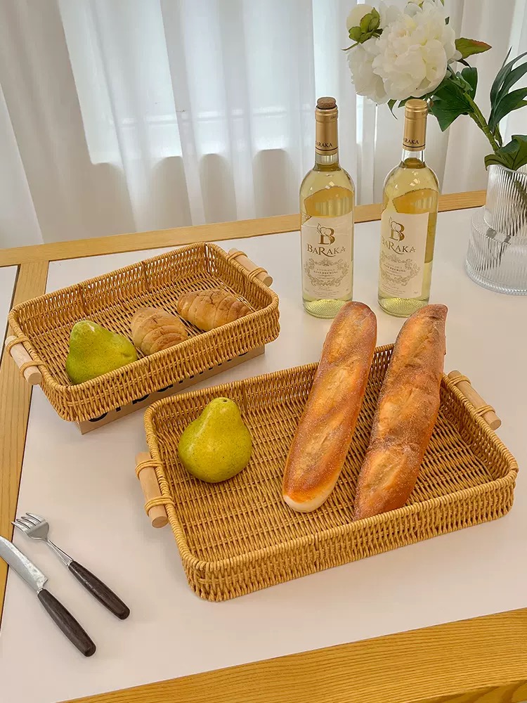 Håndlavet flettet rattan opbevaringsbakke firkantet fletkurv træhåndtag brød madbakke frugtkagefad
