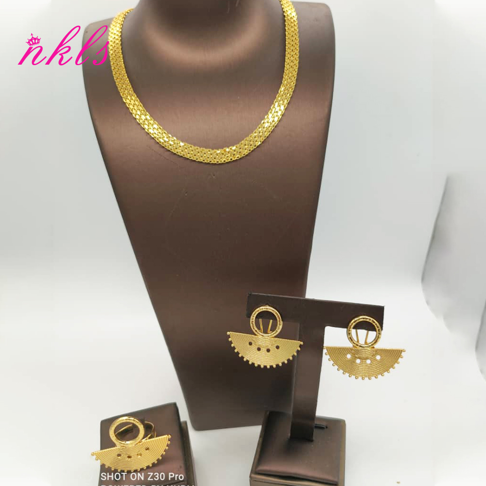 Juegos de joyas para mujer, cadena de Color dorado, pendientes de de lujo, anillo etíope, la última , joyería africana nigeriana para