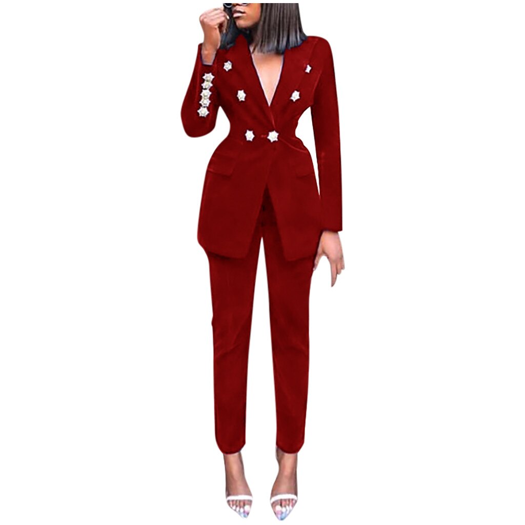 2pcs Women's Suit V-neck Solid Color Long-sleeved Trousers Suit Button Women Suits & Sets Office Ladies Wear G3: Red / S