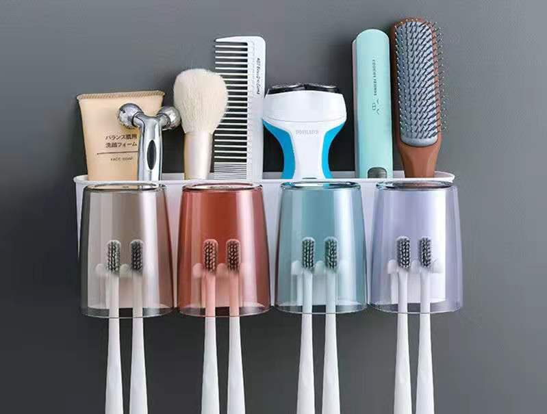 Tannbørsteholder veggsett tannbørstekopp munnskyllekopp tannkrempressetannkopp husholdningsvaskbordhylle: 4 rader