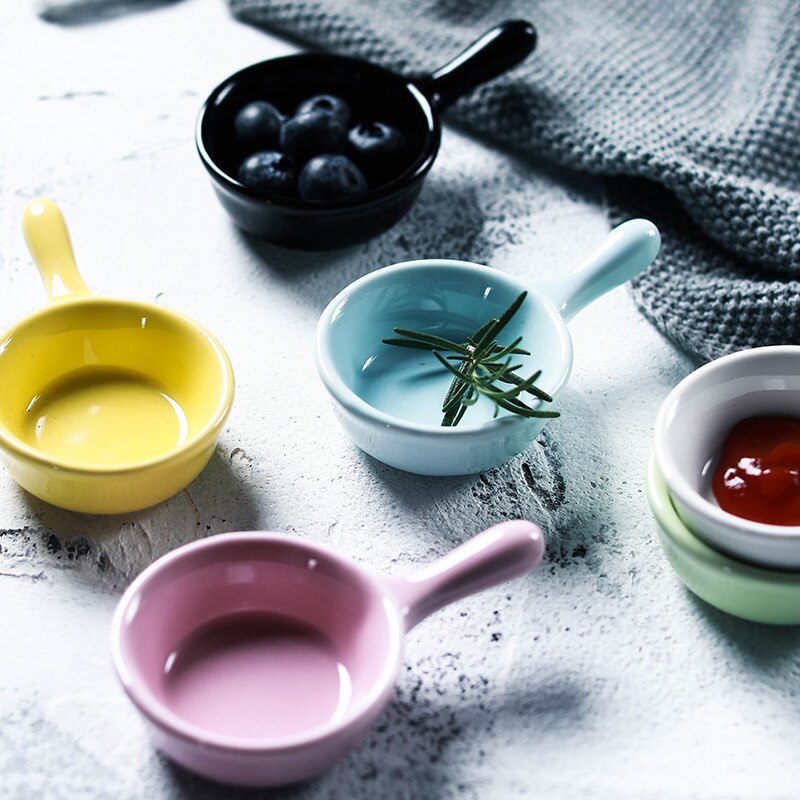 Japanese Style Handle Mini Small Porcelain Dish Seasoning Sauce Vinegar Sauce Dish Dipping Ceramic Seasoning Dish Solid Color