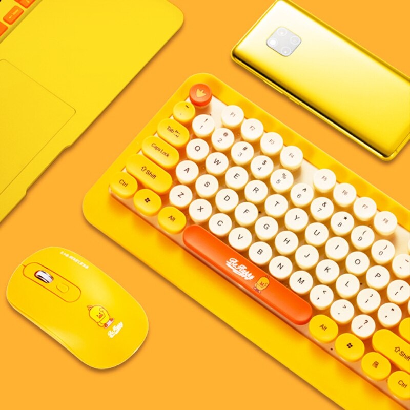 Juego de teclado inalámbrico con dibujos animados para ordenador, teclado redondo Retro, ratón, receptor USB para PC y portátil, 1 Set