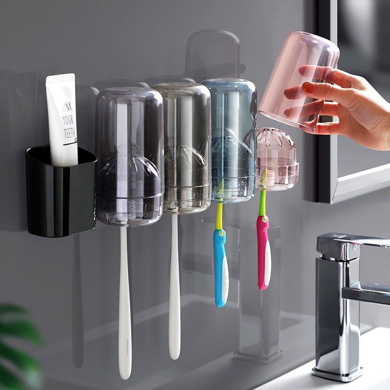Cup With 3 Toothbrush Holder Toothpaste Shaver Shelf Plastic Wall Mounted Rack Fittings For Bathroom Accessories