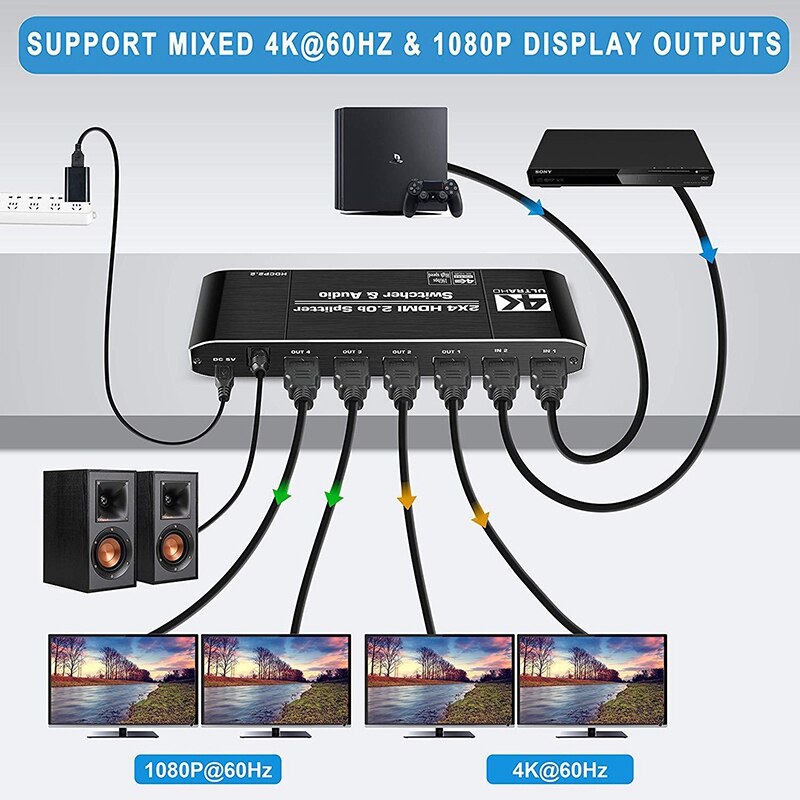 Hdmi matrix 4 x 2 4k hdr switch splitter 4 in 2 out optisk o extractor hdmi switcher med fjernkontroll