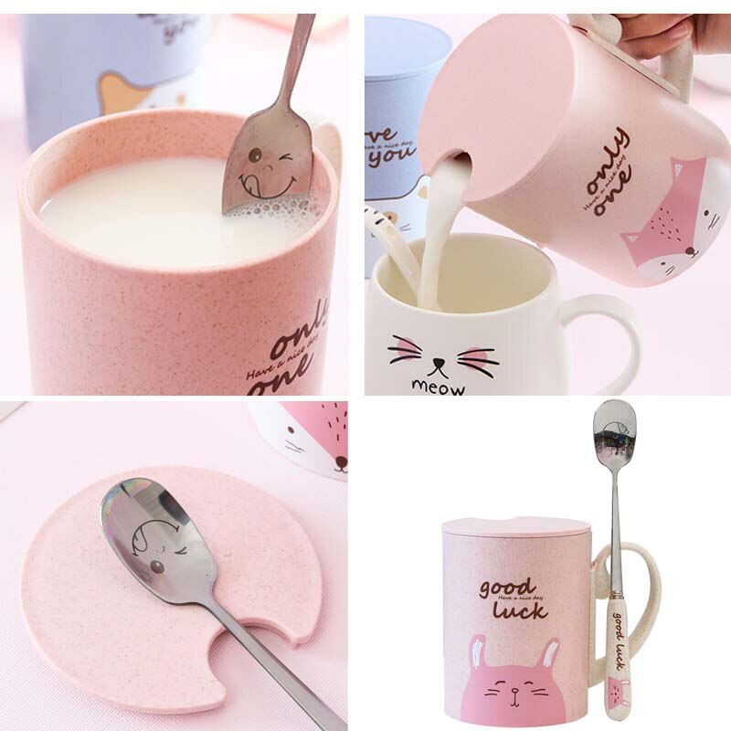 Tazas de bambú para bebé, vasos bonitos de 450ML para alimentación, con asa, cuchara, Material seguro para la Naturaleza, vasos de leche para niños