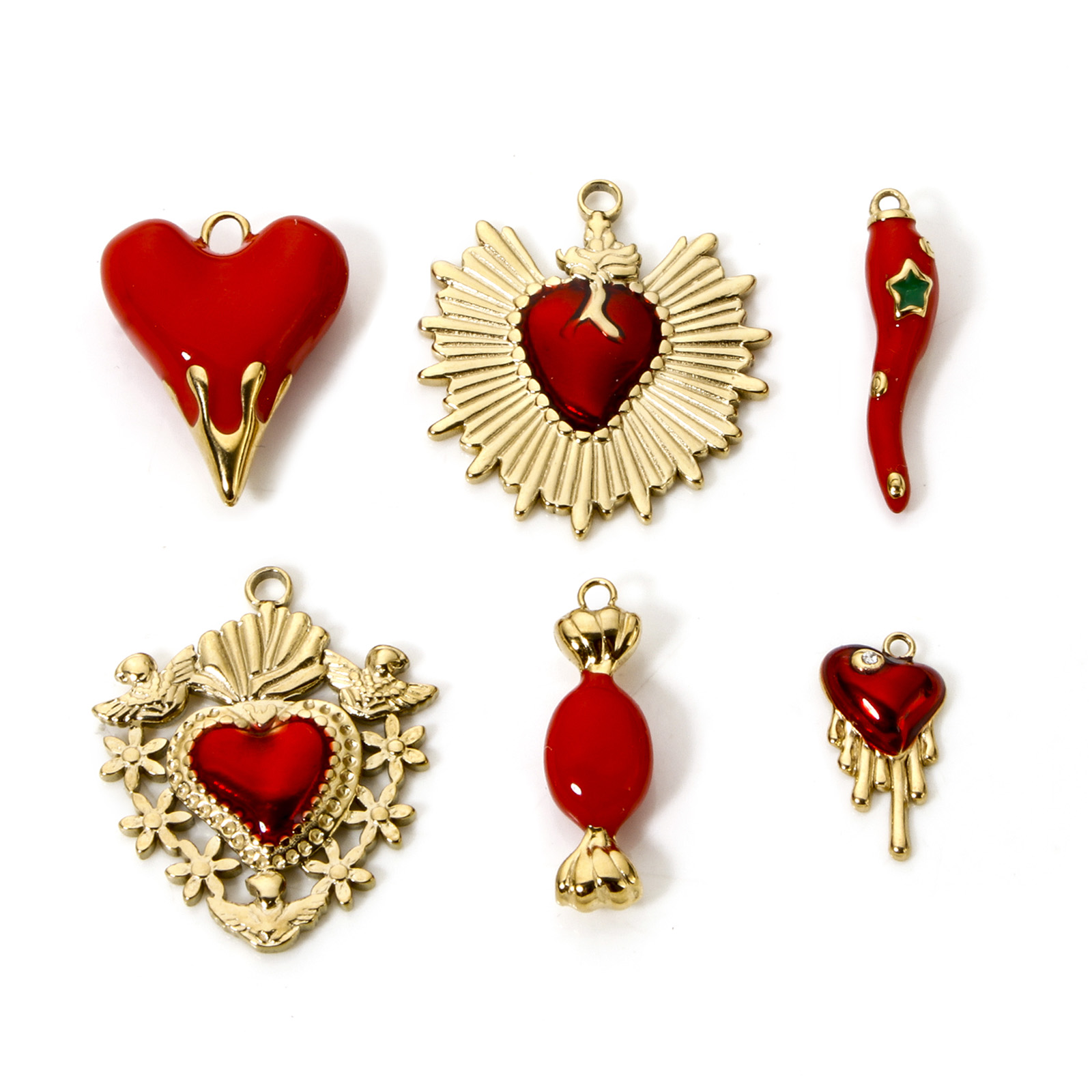 1 pieza de dijes de acero inoxidable 304, colgantes de corazón rojo chapados en oro de 14 quilates, colgantes de corazón Ex Voto para hacer joyería DIY, accesorios para collares