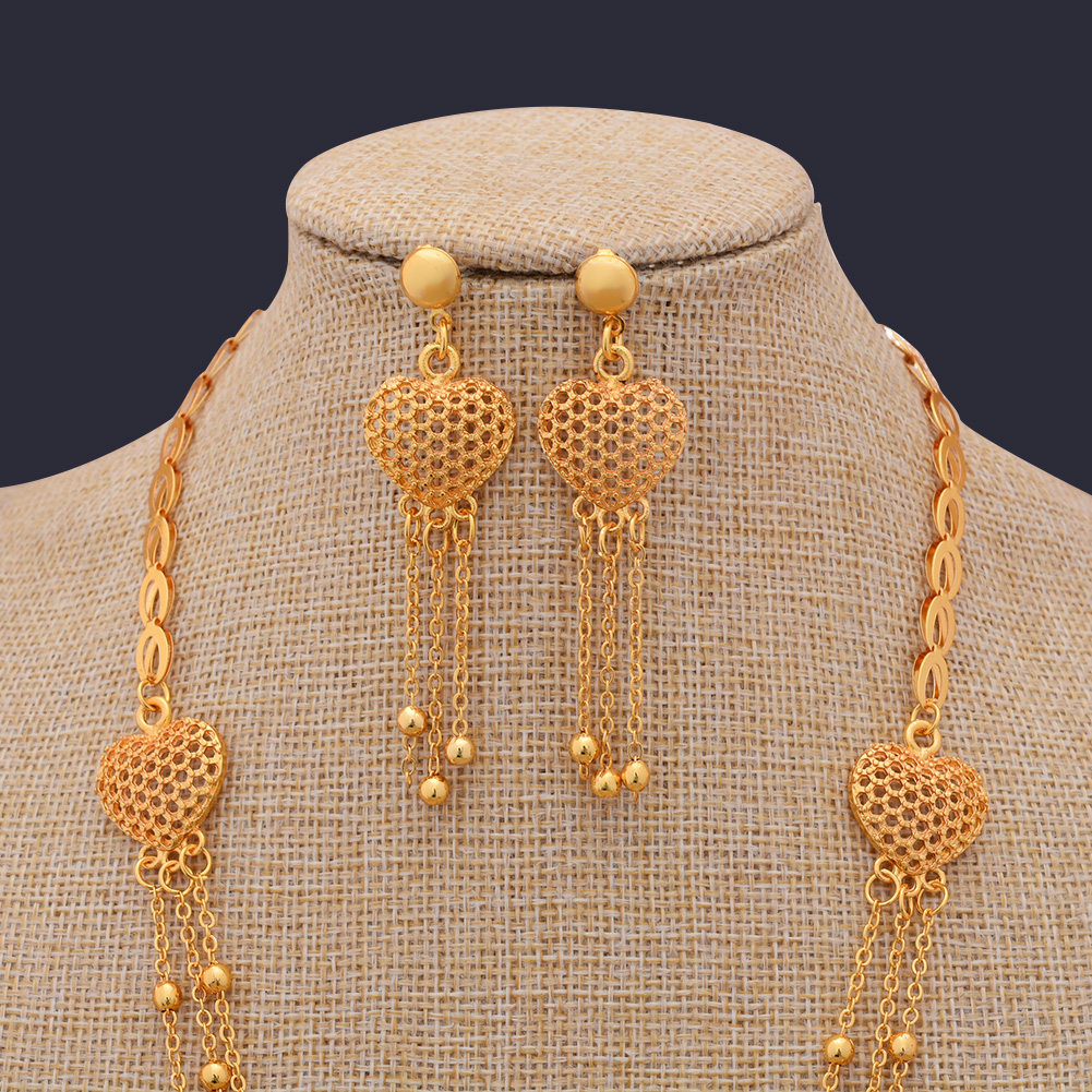 24K Dubai Goud Kleur Hart Sieraden Sets voor vrouwen Ketting oorbellen Ring bruids Afrikaanse bruiloft ornament vrouw Sieraden set