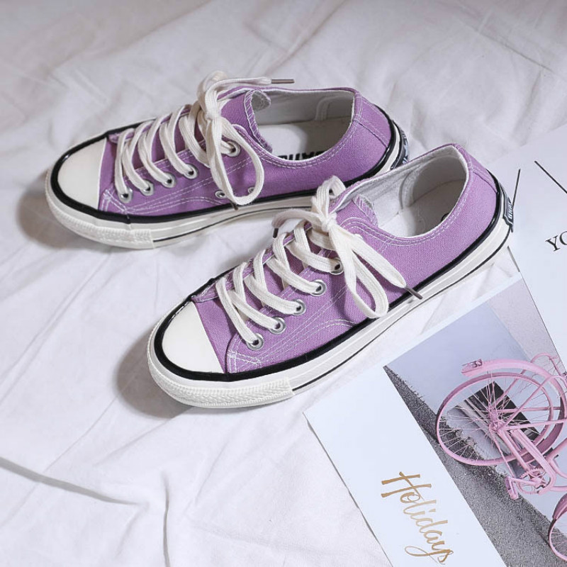 Flickskor avslappnad lavendel ljus lila vackra sneakers alla matchar enfärgad snörning platt klack canvas skor studenter 35-40