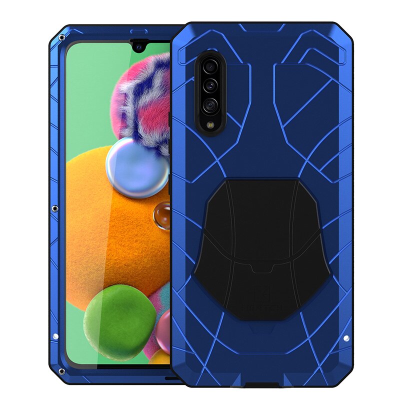 For Samsung Galaxy A90 5g Phone Case Hard Aluminum Metal Case Tempered Glass Screen Protector Cover Heavy Duty Protection Cover: blue