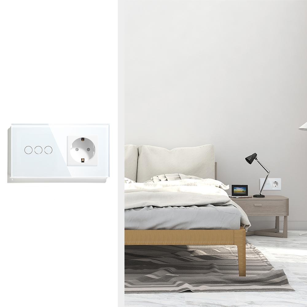 Bseed eu standard touch-afbryder 3 gang 1- vejs 2- vejs vægkontakt stik 3 farver krystal glas panel touch switch hvid sort glod