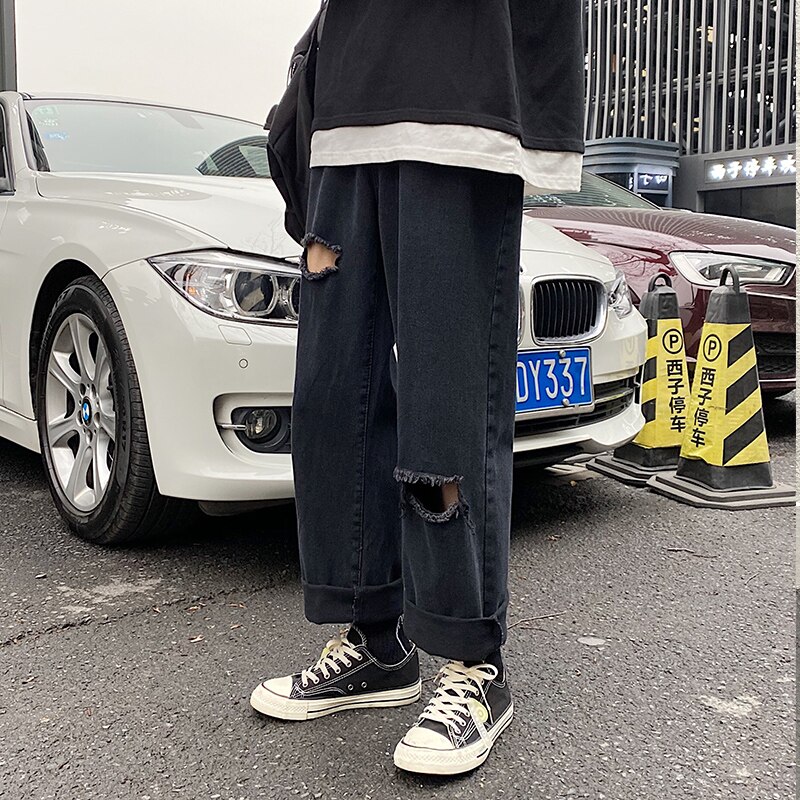 Pantalones vaqueros rectos rasgados para hombre, ropa de calle clásica, color negro, para las cuatro estaciones, S-5XL