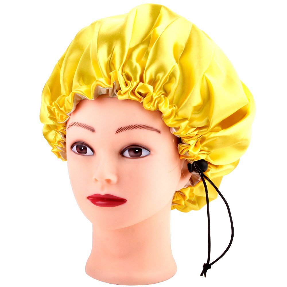 Gorro de satén Reversible para dormir, gorro de seda para mujer, gorro para el pelo de noche, cubierta para la cabeza, sombrero de doble capa ajustable, accesorios para peinados rizados: Yellow