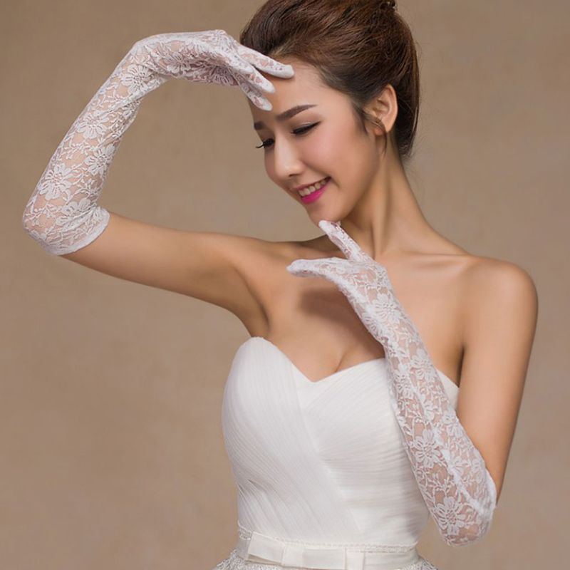 Trouwjurk Accessoires Charm Bridal Handschoenen Wit Kant Met Vinger Lange Handschoen Elegante Dame Bruid Prom Sieraden