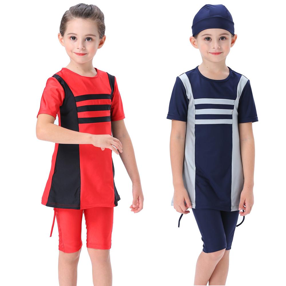 3 stücke Mädchen Badeanzüge Muslimischen Swimwears Kinder Schwimmen Shorts Tauchen Anzüge Burkinis Arabischen Islam Kurze Schwimmen Strand Tragen Schwimmen Caps